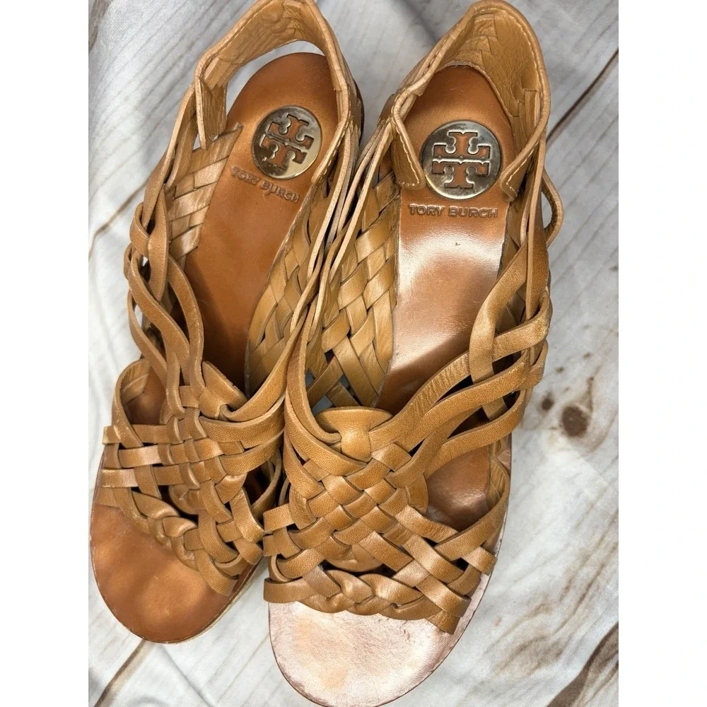 Tory Burch Tan Woven Leather Cork Platform Wedge Sandals Huarache Size 8.5M